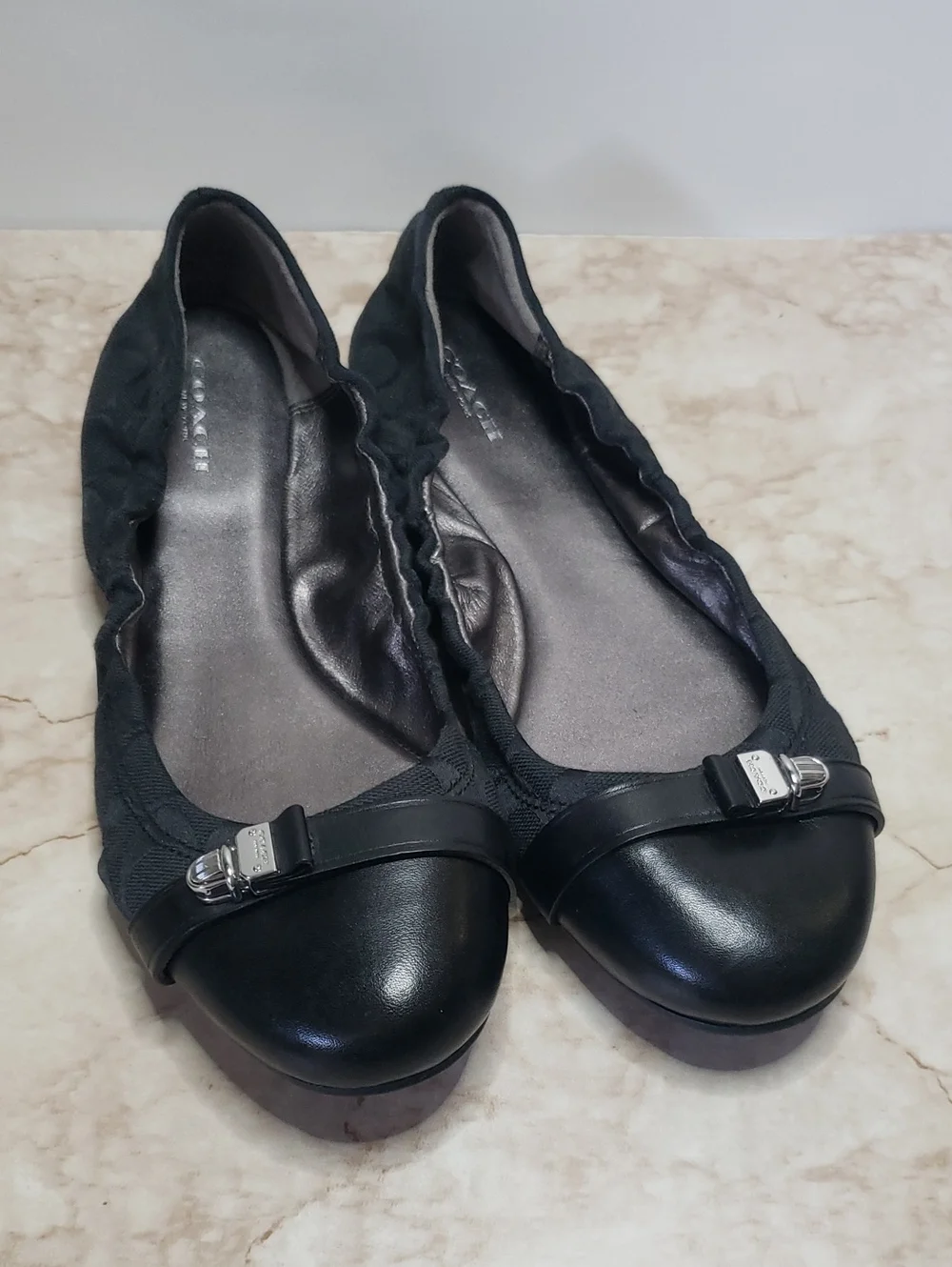 Coach Black Leather Cap-Toe Ballet Flats Monogranb Women's Size 10